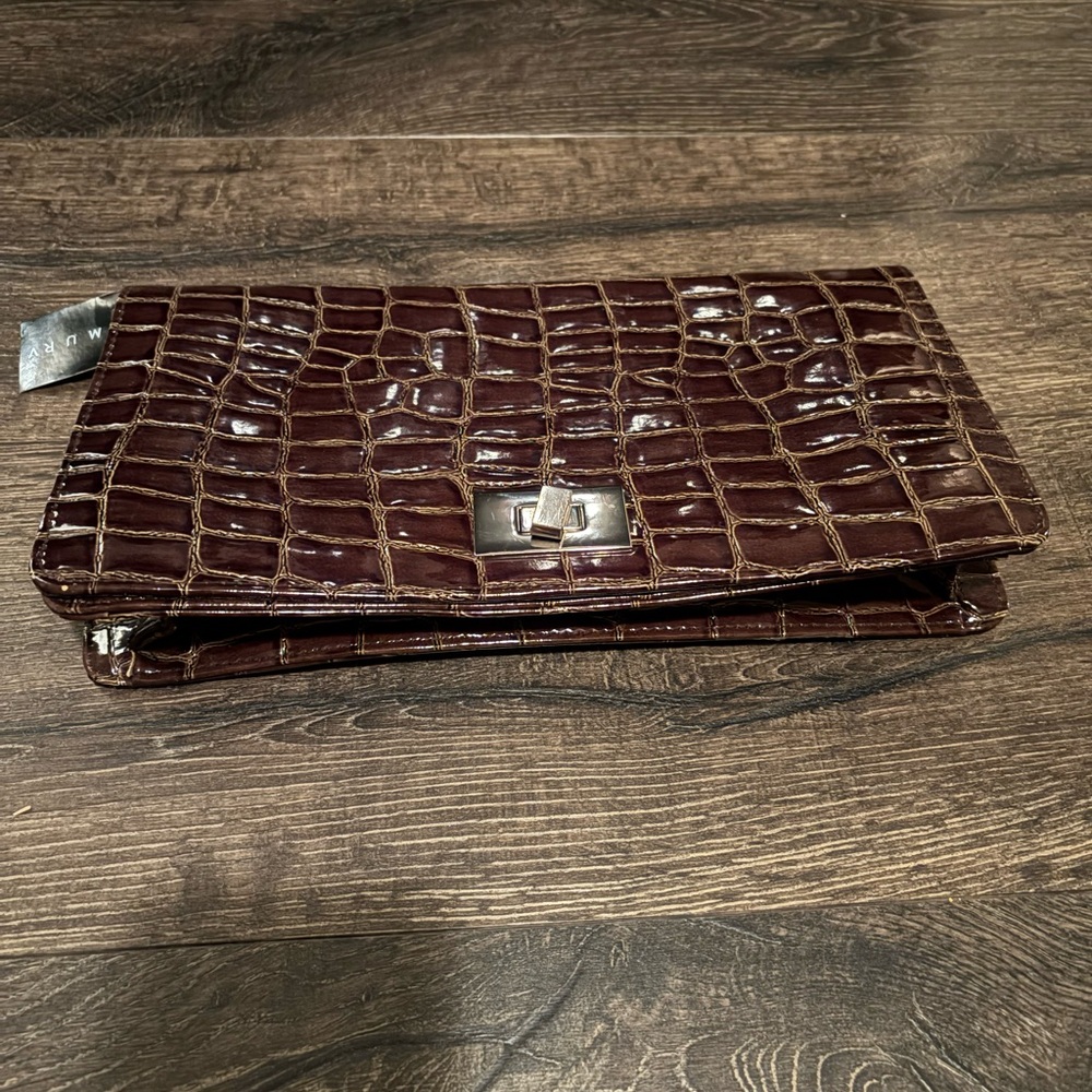Murval Crocodile Embossed Clutch in Rich Brown
